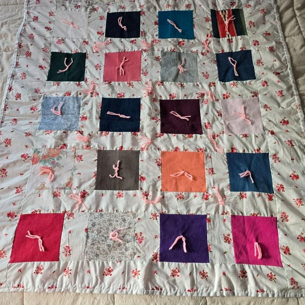 Handmade Tied Patchwork Quilt 43x39 Floral Pink Gingham Kid/Small Lap Blanket